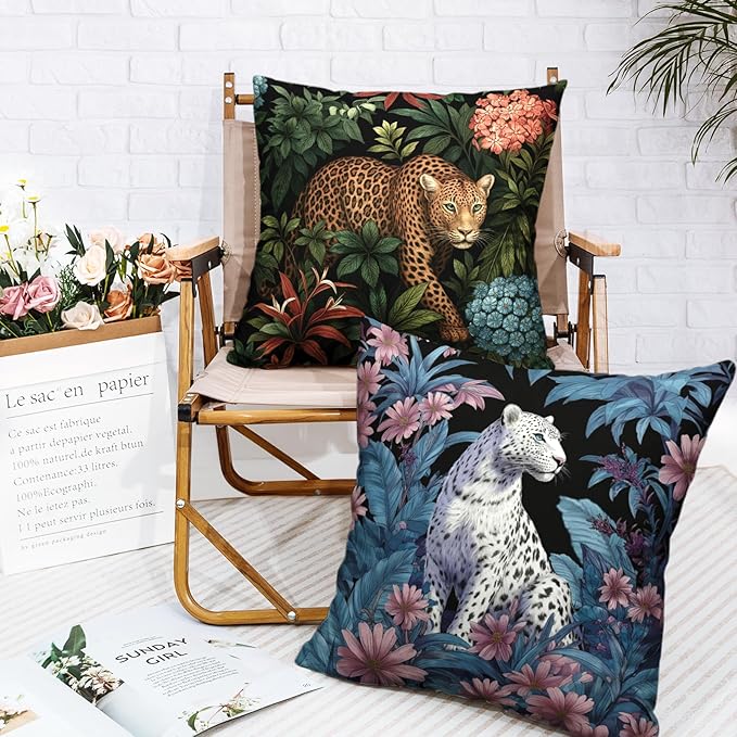 Tropical Cheetah Throw Pillow Covers Leopard Pillow Covers Floral Animal Print Pillow Cases 24x24 Set of 2 Hawaiian Palm Leaves and Pink Daisy Cushion Cases for Home Patio Porch