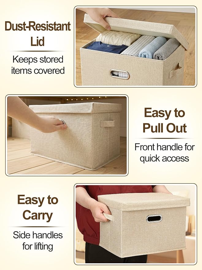 MADHOLLY 4 Pack Stackable Sturdy Dorm Room Storage Bins with Lids - 27qt Easy to Assemble Collapsible Fabric Cube Storage Boxes with Handles, Under Bed/Closet Organizers, Beige