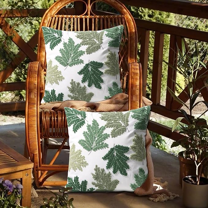 Set of 2 Embroidered Decorative Throw Pillow Covers Couch Square Pillowcases Cushion for Bedroom Sofa Farmhouse Decor 18x18 Inch (Green Maple Leaf)