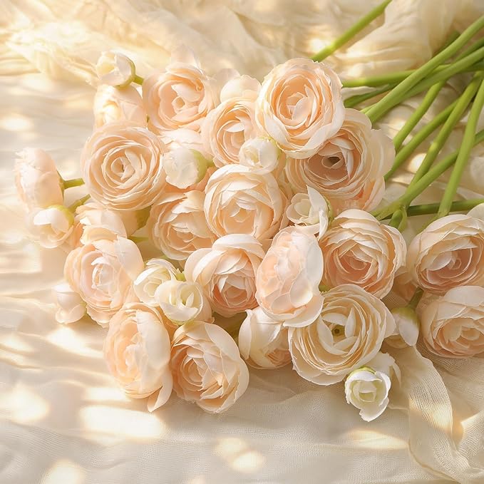 Alupssuc 42Pcs Ranunculus Artificial Flowers Faux Silk Mini Ranunculus, Spring Flowers Artificial Indoor for DIY Bouquets, Bulk Fake Wedding Filler Flowers for Bride Decorations & Arrangements, Cream