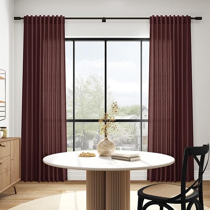 Nanspring Reddish Brown Linen Blend Light Filtering Back Tab Curtains 96 Inches Long, Semi Sheer Privacy Drapes for Living Room & Bedroom, 52x96 inch, 2 Panels