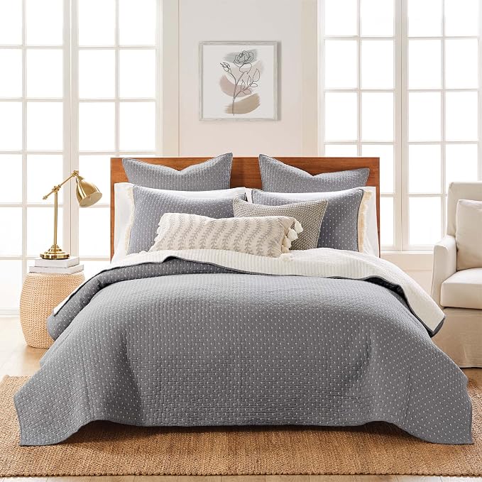 Levtex Home Cross Stitch Reversible Full/Queen Quilt Set (88x92in) and 2 Pillow Shams (26x20in) - Stitch Texture - Grey and White - Cotton Queen Size Quilt Bedding Set - Lightweight Soft Pre-Washed