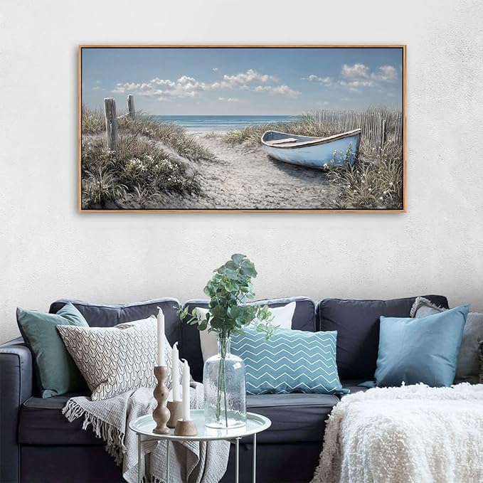 Coastal Wall Art for Living Room Vintage Boat Artwork for Walls, Framed Landscape Canvas Wall Art Blue Ocean Beach Pictures, Farmhouse Sailboat Bedroom Decor Above Bed 20×40IN