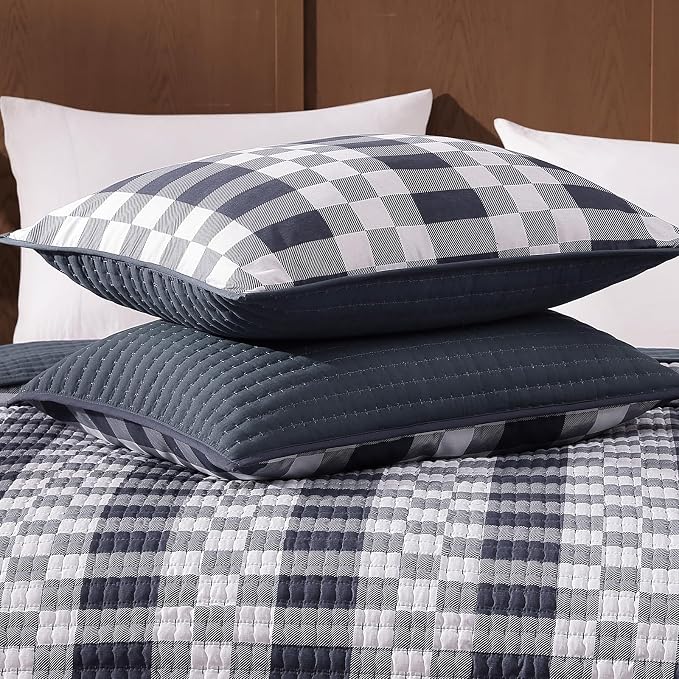 WRENSONGE Plaid Queen Quilt-3 Pieces Lightweight Bedspread Blue Grey Quilt Queen Size Quilt Bedding Set for All Seasons, Soft Summer Reversible Neutral Coverlet with 2 Pillow Shams