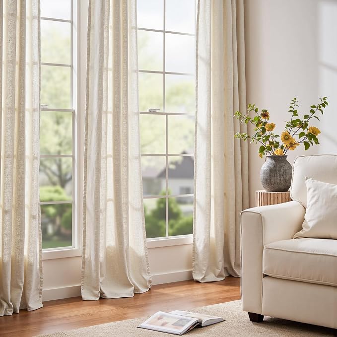 JINCHAN Linen Curtains for Living Room Beige Grommet Top Window Treatment Set for Bedroom 2 Panels 96 inches Long Crude