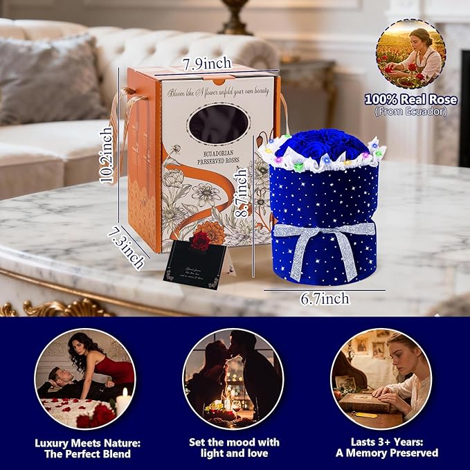 Forever Blue Roses Bouquet Preserved Flowers with Lights for Delivery, 100% Real Immortal Eternal Flower with Rhinestones in Velvet Box,Birthday for Her Mom Women Wife Girlfriend