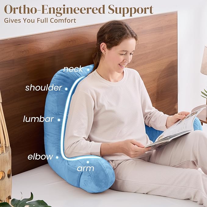 Sasttie Reading Pillow for Bed - 23 Inch, Back Pillow for Bed Sitting Up, Back-Rest Support Cushion with Side Pockets and Arms, Dorm Essentials, Oeko-Tex Certified, Blue