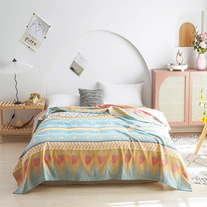 MEJU Boho Bunny Rabbit Green Muslin Lightweight Summer Strawberry Blanket Throw for Bed Sofa Couch, 100% Cotton 2 Layer Soft Warm Quick Dry Throw Blanket Bed Coverlet Sheet Full Queen 80 in X 90 in