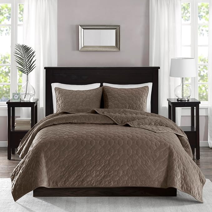 Madison Park Harper Quilt Set Velvet Casual Geometric Stitching Design All Season, Lightweight Coverlet, Cozy Bedding, Matching Shams, Full/Queen(90"x90"), Taupe 3 Piece