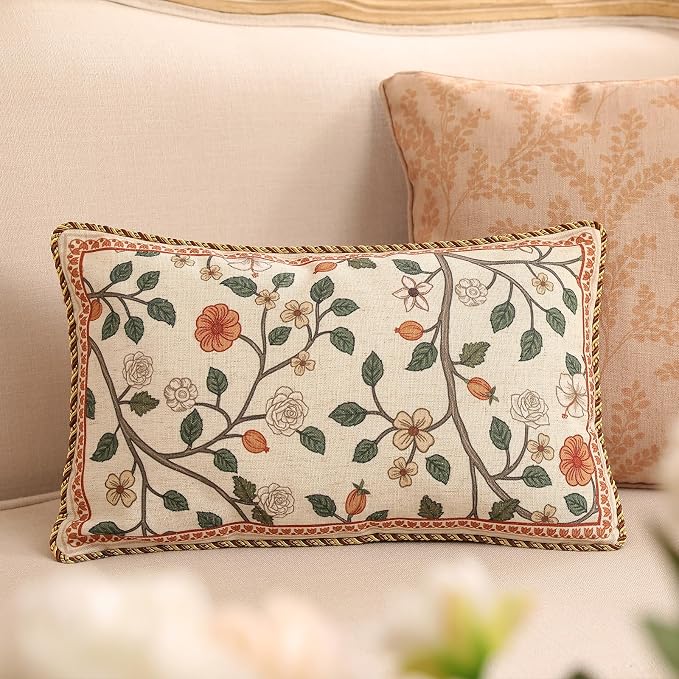 ISAENNE Designer Elegant Vintage Linen Throw Pillow Cover,20"x12"-Flora A | French Rectangle Decor Pillow Cover,Concealed Zipper Design,Floral Pattern,Sofa,Bedroom,Living Room,Lounge Chairs