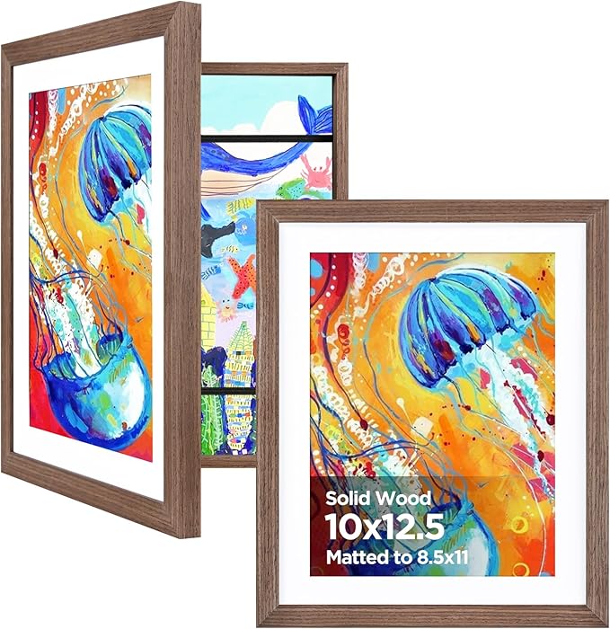 KINLINK 10x12.5 Kids Art Frame Set of 2, Solid Wood Kids Artwork Frames Changeable with Front Opening Hold 150 Pictures, Art Frames for Kids Art with Mat，without Mat 10x12.5 Picture Frame Brown Wood