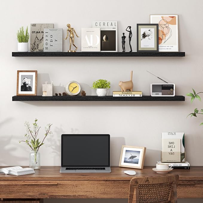 Heimlove 48 Inch Floating Shelves for Wall,Extra Long Wood Shelves Mounted Storage Hanging Shelf Invisible Bracket for Bedroom,Living Room,Kitchen,Office,Set of 2,Black