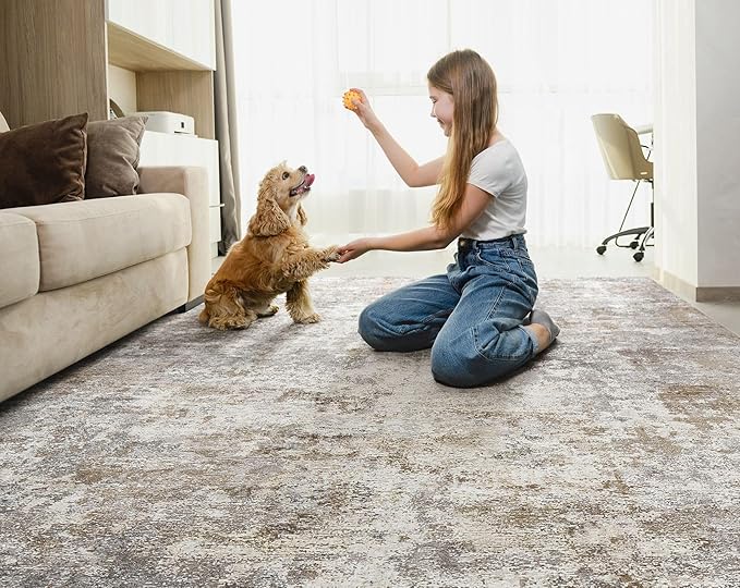 UERMEI 9x13 Area Rug Living Room Rugs Thickened - Washable Neutral Modern Abstract Soft Rug Indoor Floor No Slip Rug Carpet for Bedroom Under Dining Table Home Office Decor - Brown Grey
