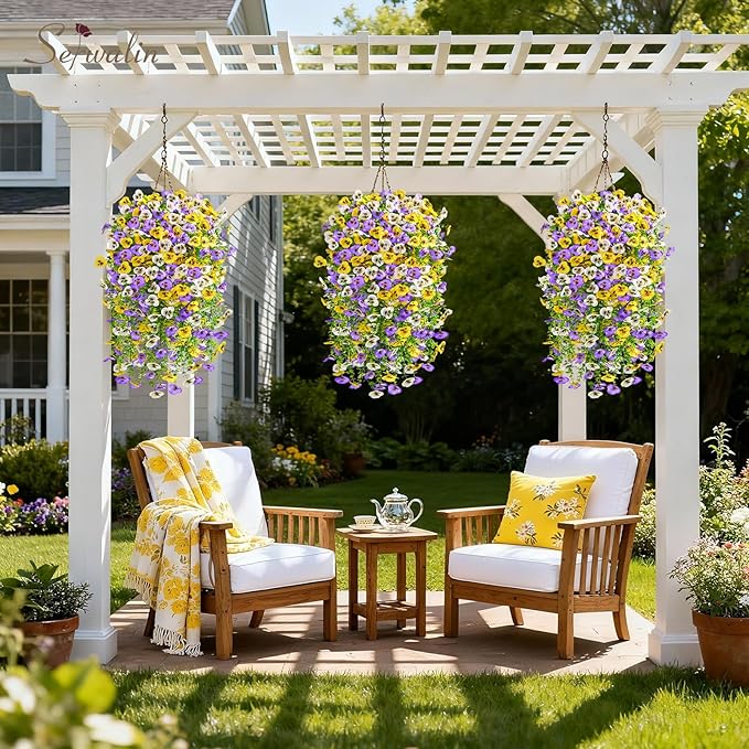 Serwalin Artificial Fake Hanging Flowers for Outdoors Planters,12PCS UV Resistant Faux Pansy Spring Flowers for Outside Porch Patio Garden Window Box (Yellow Purple White)
