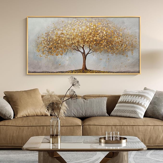 Large Framed Tree of Life Gold Wall Art, Large Canvas Prints Paintings Artwork for Walls, Modern Luxury Golden Big Tree Pictures for Living Room Fireplace Bedroom Kitchen Dining Room Office Wall Decor