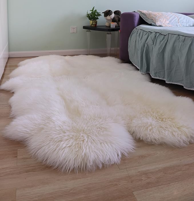 Woolous Sheepskin Rug 4x6 ft, Large Genuine Lambskin Quad Pelt Ivory-White | Genuine New Zealand lambskin quad pelt with fluffy wool. Ideal as sheep skin area rug, fur throw, nursery or bedroom decor.