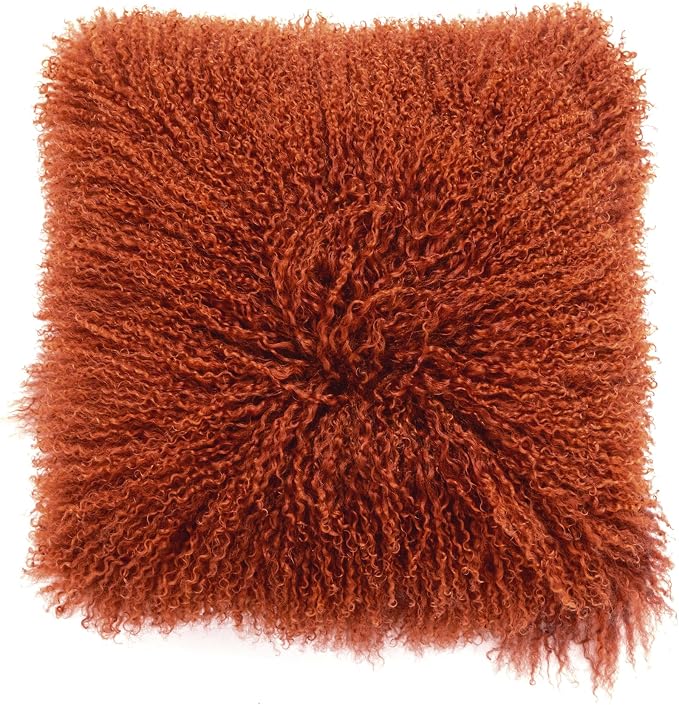 Real Tibetan Mongolian Lamb Fur Throw Pillow Cover Sheepskin Wool Fur Decorative Pillow Case Cushion Cover,Caramel, 18''x18''