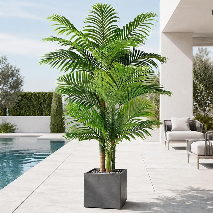 6ft Tall Triple Golden Cane Palm Artificial Tree Large Tropical Palm Tree UV Resistant Fake Plant in Pot for Indoor Outdoor Big House Living Room Outside Patio Office Home Decor 1Pack