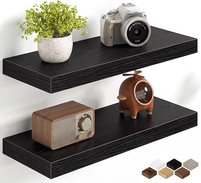 Fun Memories 20Inch Floating Shelves for Wall, 8 Inch Deep Shelves for Bathroom|Bedroom|Kitchen Wall Mounted, Wood Hanging Shelf with Invisible Brackets for Home Storage Decor, Black - 2 Pack