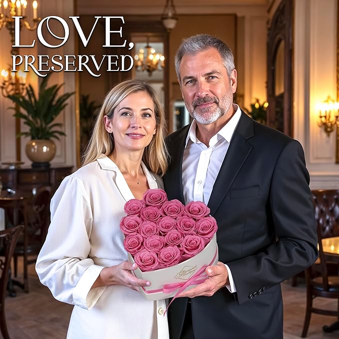 GLAMOUR BOUTIQUE Preserved Roses in a Box - Gifts for Her, Wife & Mom, Rose Flowers Forever Decor for Birthday Gift, Get Well Flower Bouquet Cased in White Box with Cover - Pink - 16 (Color-Treated)