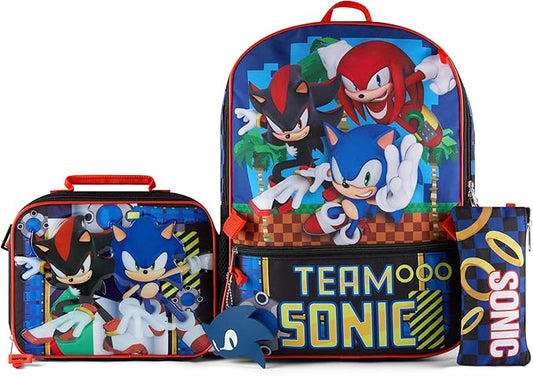 AI ACCESSORY INNOVATIONS Sonic the Hedgehog 5 PC Backpack Set for Girls & Boys, 16” Book Bag Featuring Sonic, Shadow, & Knuckles