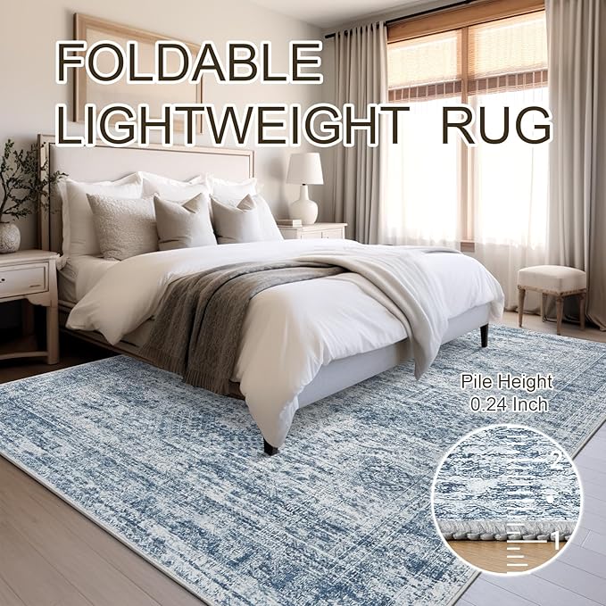 Soalmost 9x12 Area Rugs for Living Room, Non Slip Machine Washable Vintage Rugs, Low Pile Lightweight Large Rug for Bedroom, Dining Room, Home Office Blue