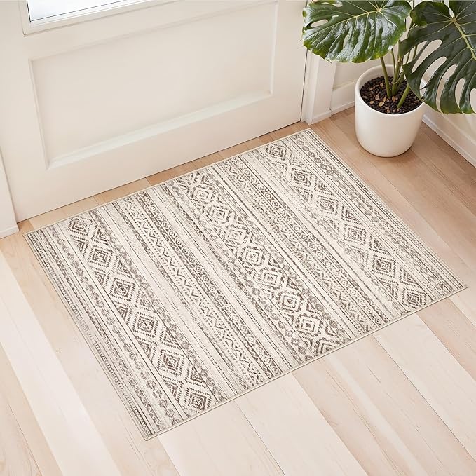 cotiled Washable 2x3 Entryway Rug: Washable Boho Rugs with Non Slip Backing Small Soft Indoor Stain Resistant Carpet for Kitchen Front Lightweight Home Decor Dark Brown