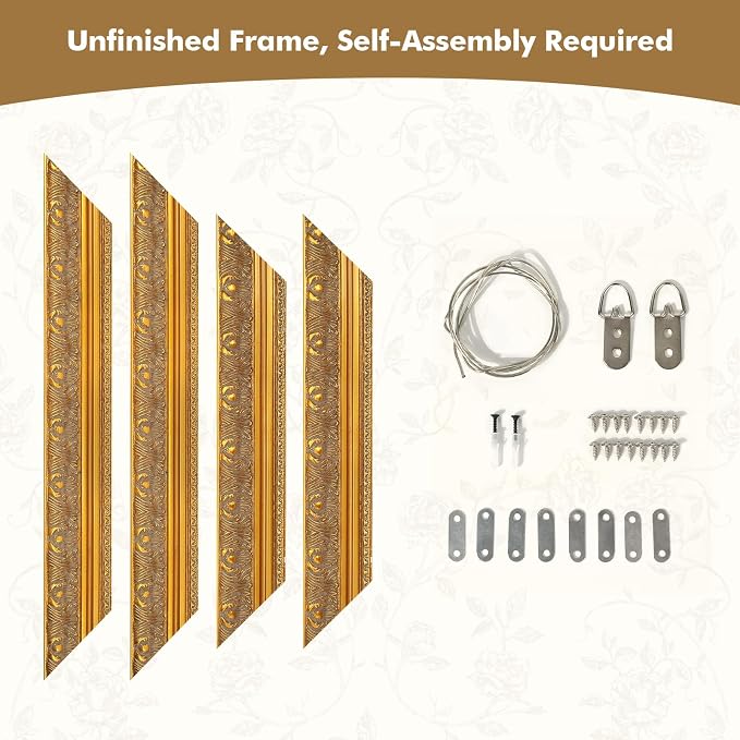 Antique Gold Ornate Frame for 12x24 Canvas Prints, DIY 2.4” Wooden Art Frame for Italian Renaissance Paintings Home Office Library Book Shop Wall Decor, No Cover & Back