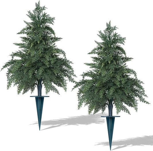 Artificial Cedar Topiary Trees with Ground Spike, 2 Pack Fake Pine Shrubs Bushes, UV Resistant Faux Evergreen Cypress Tree Plants for Indoor Outdoor Planters Front Porch