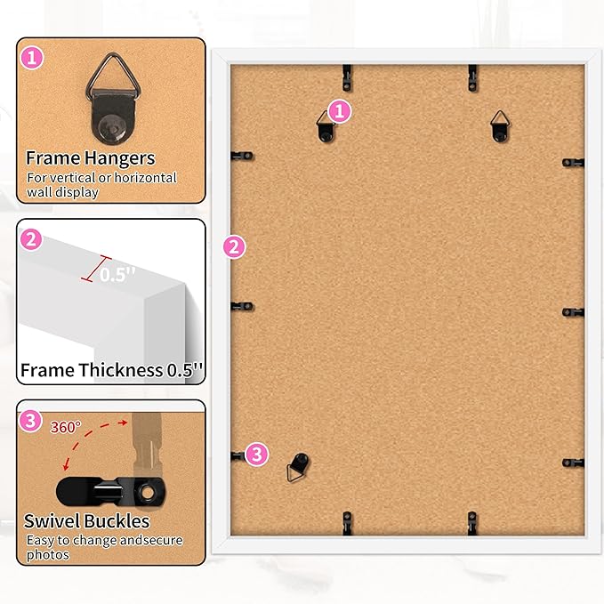 12x16 Picture Frame, 12 x 16 White Frame with HD Plexiglass, Display Pictures 8.5x11 with Mat or 12x16 Without, Wall Hanging Photo Frame Poster Frames for Home Office Gallery Decor, 2 Pack