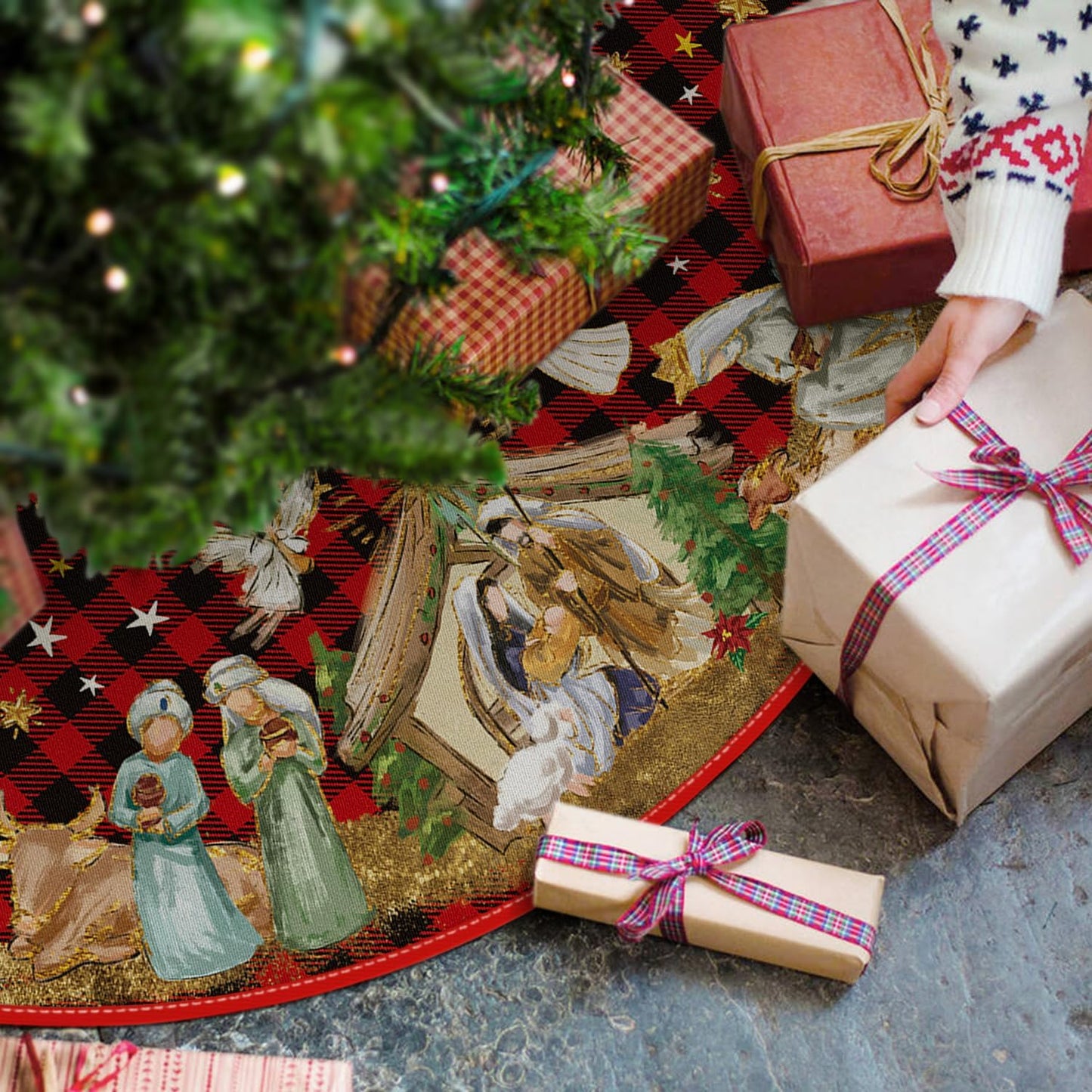 AVOIN colorlife Buffalo Plaid Christmas Tree Skirt 48 Inch, Winter Holiday Tree Decoration