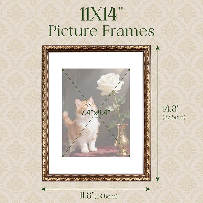 TWING 11x14 Picture Frame,Display 8x10 Photo with Mat or 11x14 without Mat,Ornate Vintage 11 x 14 Photo Frames for Wall Mounting,Bronze,1 Pack