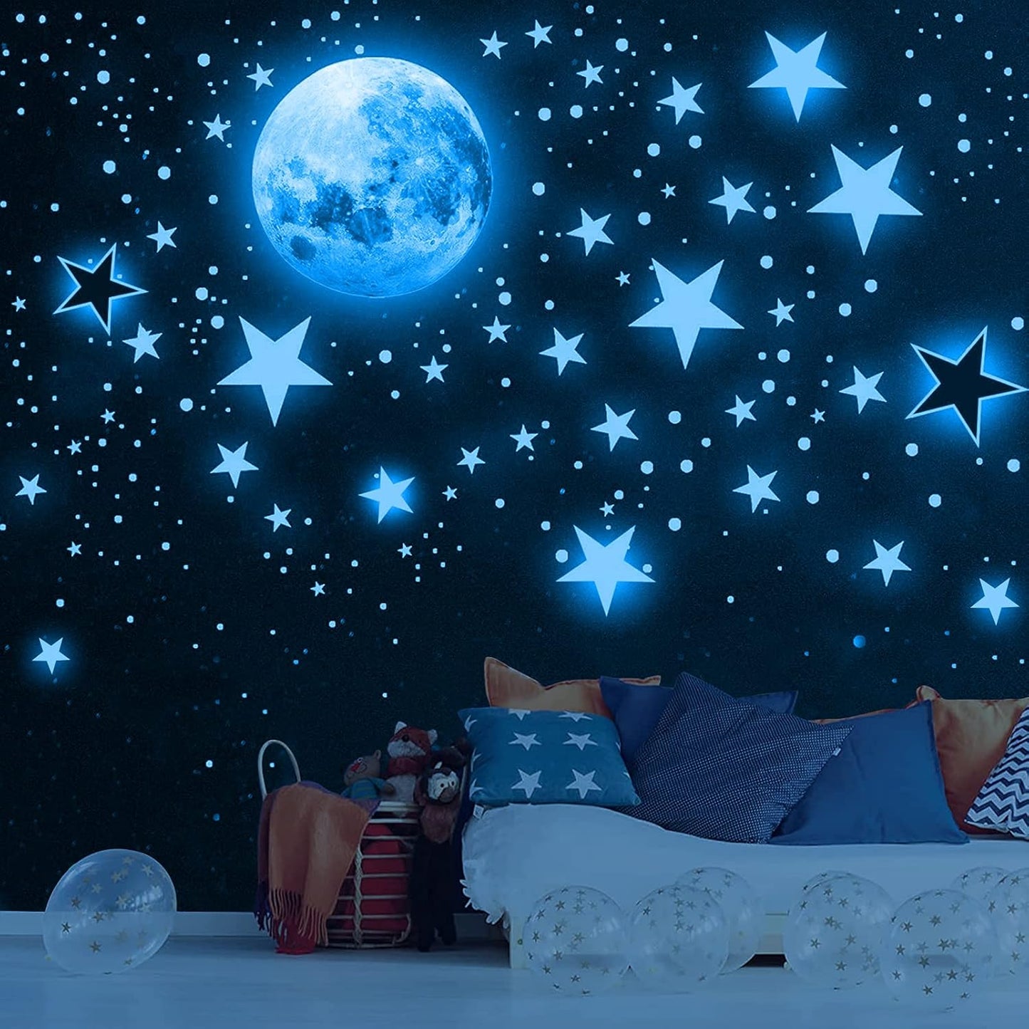 1049 Pieces Luminous Sticker Wall Decal Luminous Stars self-Adhesive Children's Room Wall Stickers Moon and Stars Fluorescent Wall Stickers, Stickers for Children's Rooms Girls Decorative
