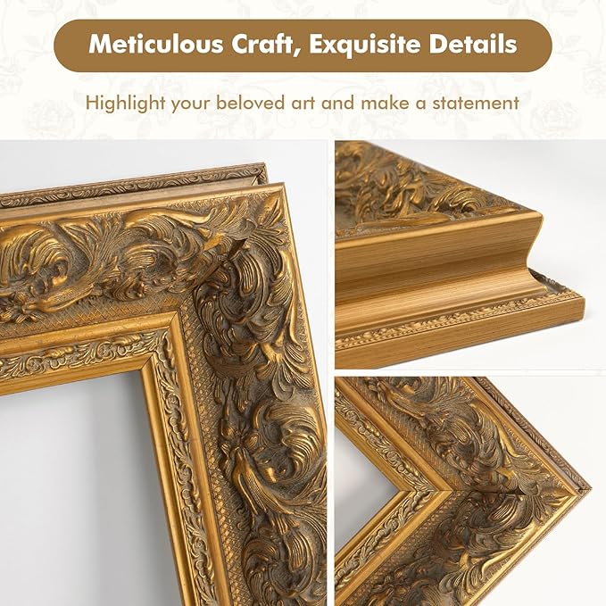 DIY Solid Wood Ornate Frame for 20x24 Vintage Oil Paintings, No Glass & Back, 3.7" Wide Traditional Canvas Frames for Art Lover Housewarming Birthday Wedding Grandparents Teacher Gift (Gold)