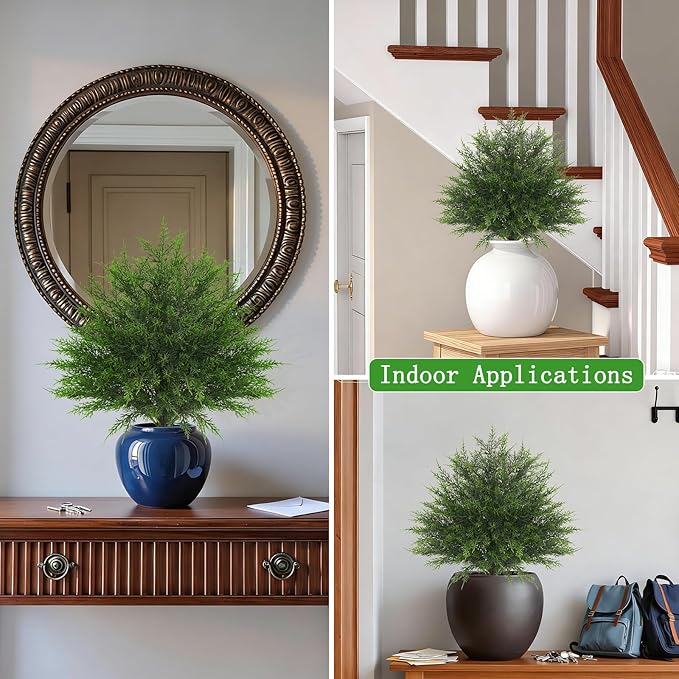 Yangrass 23" Artificial Cedar Topiary Ball Trees with Spike, Set of 2 UV Resistant Fake Evergreen Bushes Shrubs Trees, Realistic Faux Cypress Plants for Outdoor Indoor