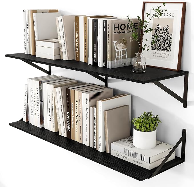 Heimlove Black Deep Floating Shelves for Wall, 40W x 12D Wood Wall Shelves Set of 2, Wide Floating Bookshelf for Living Room, Kitchen, Office, Bedroom and Decor Storage, with Metal Bracket - Black