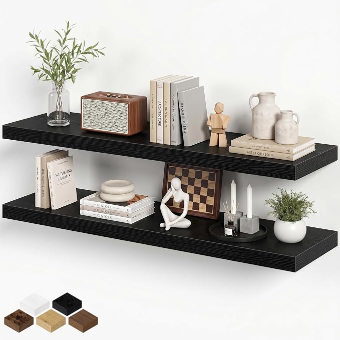 Fun Memories 36 Inch Floating Shelves, Wall Shelves Set of 2 for Bathroom/Living Room/Bedroom/Kitchen, Black Floating Shelf for Wall Decor with Invisible Brackets