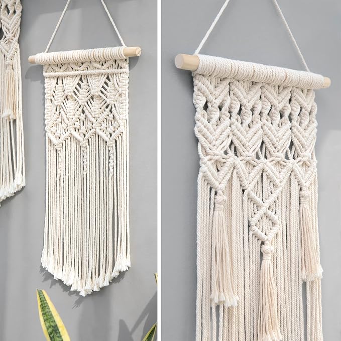Mkono 2 Pcs Macrame Woven Wall Hanging Boho Chic Geometric Art Decor - Beautiful Bedroom Nursery Apartment Home Decoration, Gift for Girls Adults Birthday Christmas, Small Size 18" L x 9.5" W