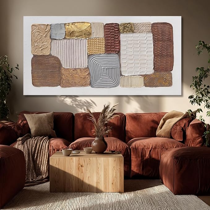 Dolidoteart Abstract Canvas Wall Art, Oversized Earth Tone Geometric Wall Decor Print, Neutral Brown Beige Gold Horizontal Artwork for Living Room Dining Room Office, 28x59 Inch