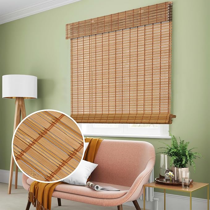 SMONTER Bamboo Roman Shades for Windows-Cordless Wooden Woven Blinds Light Filtering Bamboo Roll up Shades UV Protection and Easy Set up for Door and Countryhouse, 44" W x 64" H, Deer