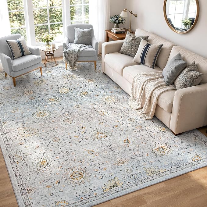 Lahome Flavie Boho Light Blue Area Rug 8x10 for Living Room, Soft Floral Rugs for Bedroom Aesthetic, Washable Floor Carpet Non Slip Indoor for Dining Room Home Decor (Blue/Grey)