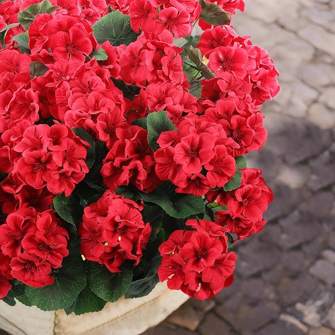 Hananona 12 Pcs Artificial Geranium Flowers for Outdoors Geranium Silk Red Flowers Outdoor UV Resistant Garden Plants Faux Flower for Christmas Home Kitchen Table Centerpieces Decor (12, Red)