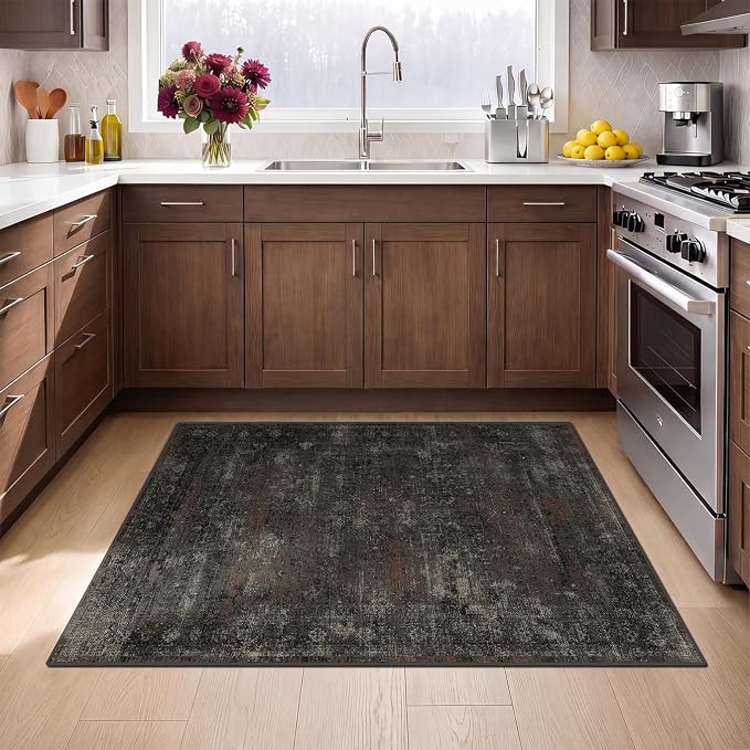 Black 3x4 Washable Entryway Rug, Non-Slip Low Pile Indoor Rug for Mudroom, Bathroom, Kitchen & Hallway, Stain Resistant Dark Volcanic Charcoal Modern Farmhouse Style