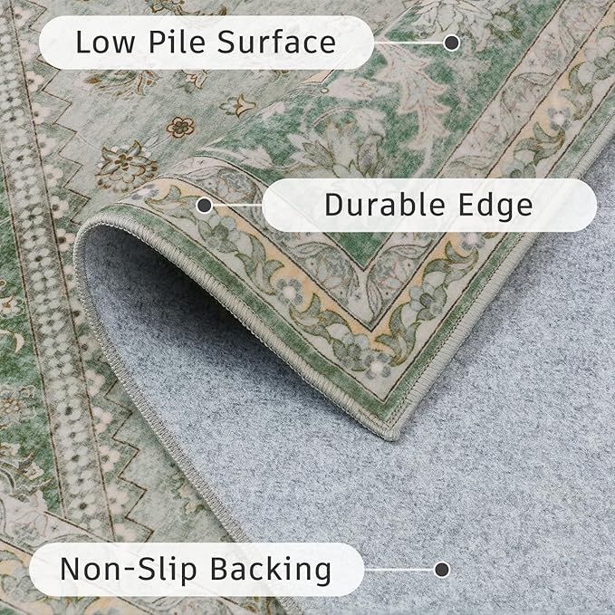 DCX Green 5x7 Area Rug, Machine Washable Non Slip Stain Resistant Vintage Rug for Living Room, Bedroom, Playroom, Soft Low Pile Large Nursery Carpet