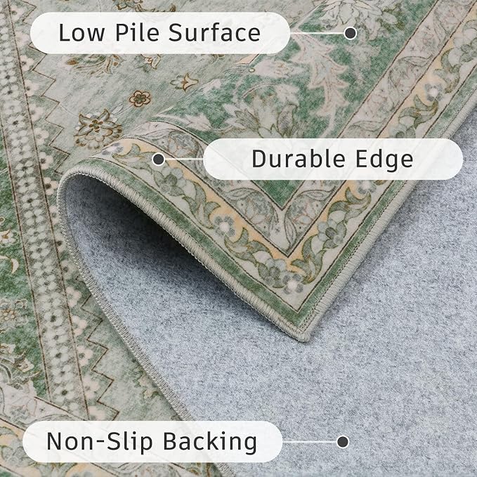 DCX Green 3x5 Entryway Rug, Machine Washable with Non Slip Backing Vintage Floral Rug Soft Low Pile, Stain Resistant for Entryway, Kitchen, Bathroom, Front Door
