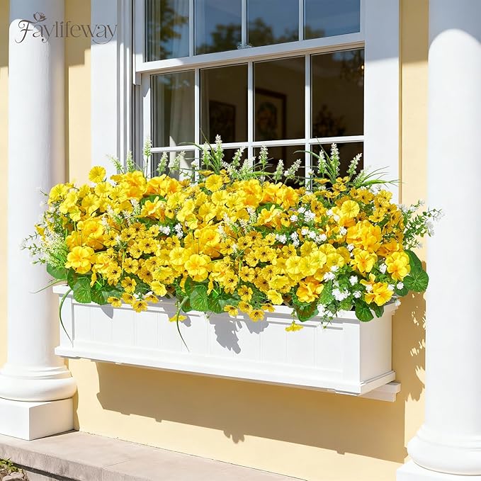 16 Bundles Artificial Flowers for Outdoors, UV Resistant Silk Faux Flowers for Outside Planters,Garden,Porch,Yard,Home Decor(Yellow)