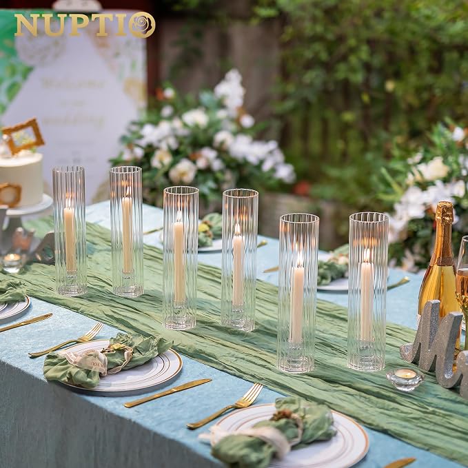NUPTIO Candle Stick Holder for Centerpiece: Ribbed Hurricane Glass Taper Candle Holders - Set of 2 Fluted Candlestick Holder with Tall Cylinder Cover for Fall Thanksgiving Christmas Dining Table Decor