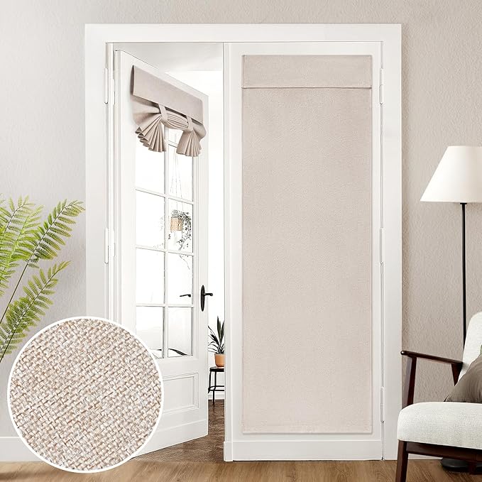 HOMEIDEAS 100% Natural Linen Blackout French Door Curtains, Privacy Door Window Curtains, 26 X 72 Inch Room Darkening Blinds, Thermal Insulated Shades for Bedroom, 1 Panel