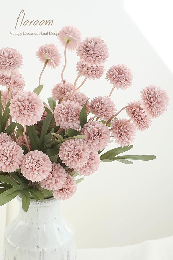 Floroom 5pcs Shabby Blush Faux Silk Mums Artificial Flowers, Bulk Fake Small Mini Chrysanthemums with Stems for DIY Wedding Centerpieces Floral Arrangements Vase Fillers Home Decorations
