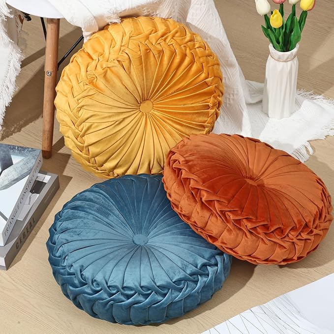 Drydiet 3 Pcs Round Throw Velvet Pillows Decorative Pleated Throw Pillows Diameter Accent Pumpkin Boho Chair Cushion for Couch Sofa Home Decoration (Yellow,Brunt Orange,Blue,15'')